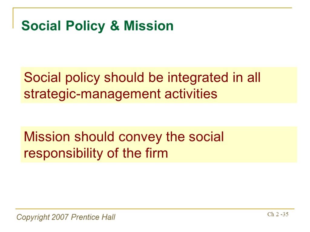 Copyright 2007 Prentice Hall Ch 2 -35 Social Policy & Mission Social policy should